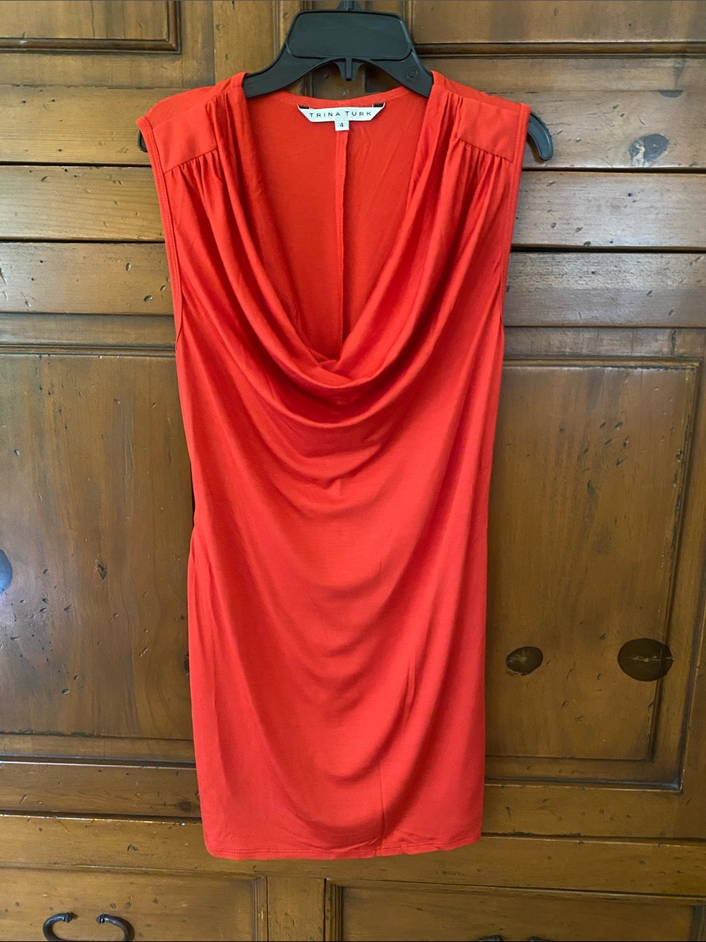 Vintage TRINA TURK Knit Jersey Dress-Red-Drape Cowl Neck-Attached Belt-Size 4